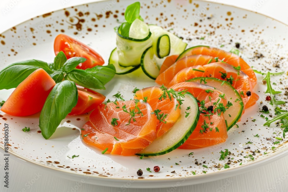 Sashimi, Raw Red Fish, Trout Slices, Salted Salmon Fillet with Cucumber and Greens on Elegant Flat Plate Sashimi, Raw Red Fish, Trout Slices, Salted Salmon Fillet with Cucumber and Greens on Elegant Flat Plate