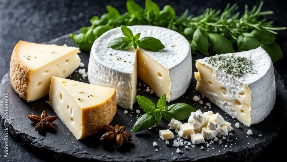 A trio of soft cheeses on a rough stone plate: Brie, Camembert and gorgonzola, sprinkled with salt crystals, surrounded by a delicate mixture of crushed pepper and culinary herbs.