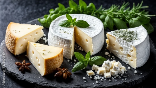A trio of soft cheeses on a rough stone plate: Brie, Camembert and gorgonzola, sprinkled with salt crystals, surrounded by a delicate mixture of crushed pepper and culinary herbs.