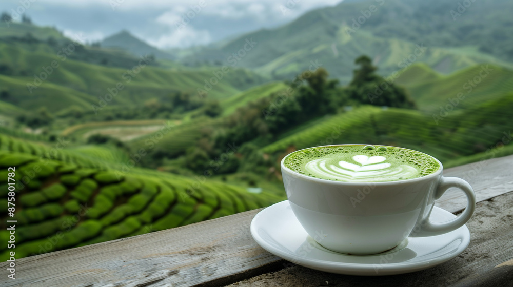 A cup of matcha green tea latte on a wooden table overlooking verdant hills with tea plants. A cup of matcha green tea latte on a wooden table overlooking verdant hills with tea plants.