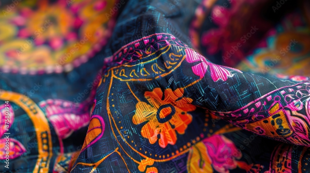 Close-up of a cotton fabric with a vibrant batik print, showcasing intricate wax-resist dye patterns. Close-up of a cotton fabric with a vibrant batik print, showcasing intricate wax-resist dye patterns.