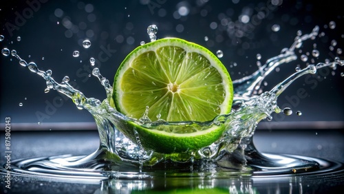 Bright lime creating a splash as it drops into water.