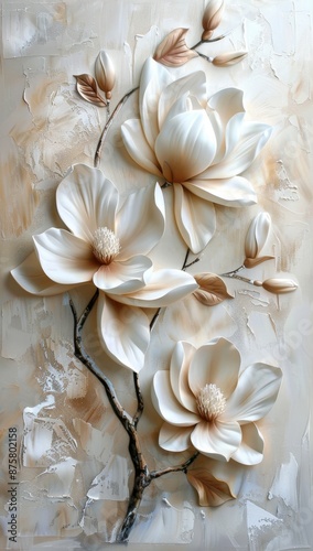 In this beautiful stucco relief, magnolia blossoms are layered and are framed by waxy leaves and ivory petals.