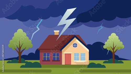  Vector illustration of a lightning storm over a suburban house
