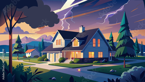  Vector illustration of a lightning storm over a suburban house
