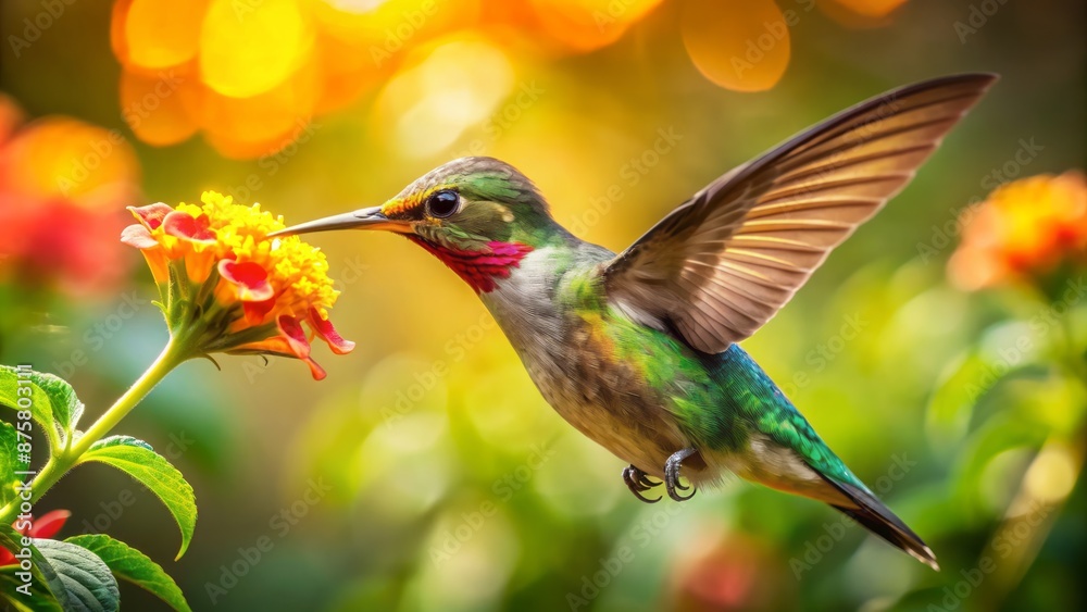 Fototapeta premium Vibrant hummingbird sips nectar from radiant flower in sharp focus against blurred lush green foliage in warm sunlight atmosphere.