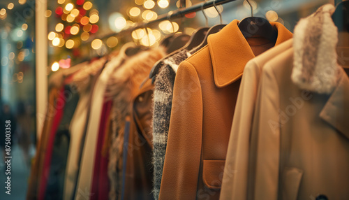 Row of winter coats hanging on a rack in a cozy, warmly lit store, ready for sale photo