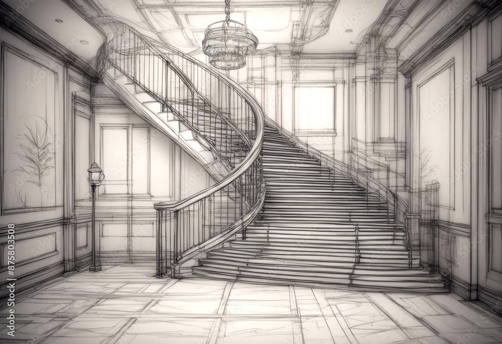 Fototapeta premium 3d wire frame stair concepts sketch hall design rendering three-dimensional abstract architect architectural architecture background blueprint build chair city