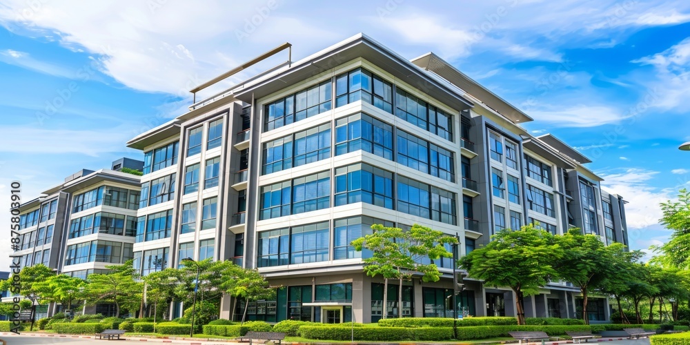 Obraz premium Modern Office Building With Blue Sky and Green Trees