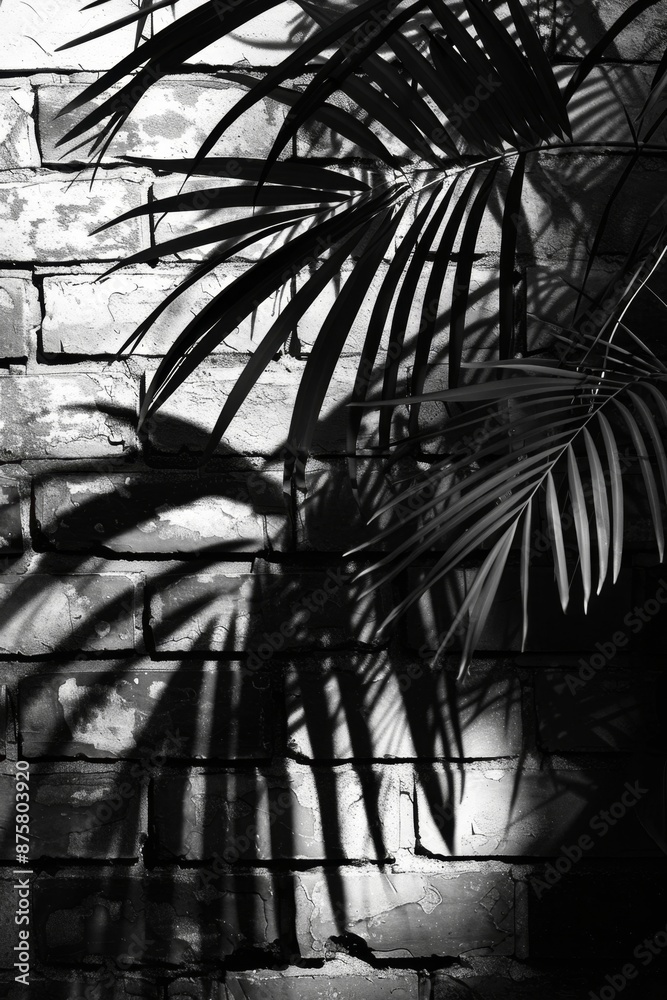 Naklejka premium Palm Tree Shadows on Brick Wall Texture, palm branch at sunlight, foliage pattern, tropic plant silhouette