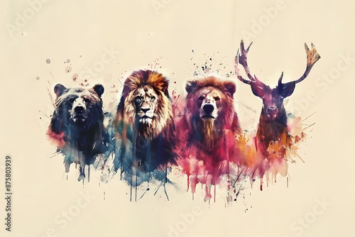 Majestic watercolor painting of a bear, lion, deer, and grizzly photo