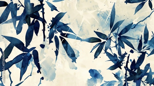 Traditional Chinese brush painting of bamboo leaves and blossoms