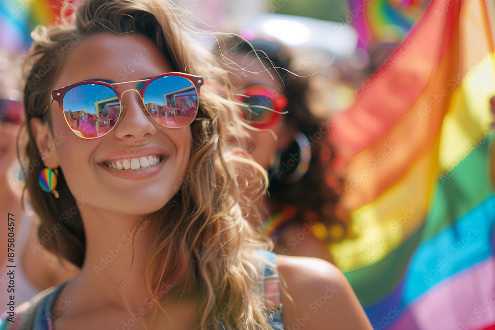A group of people at an outdoor festival celebrated pride month with rainbow flags and smiles on their faces A group of people at an outdoor festival celebrated pride month with rainbow flags and smiles on their faces