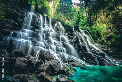 Fototapeta Naklejka Na Ścianę i Meble -  Bali waterfall Kanto Lampo Waterfall one of the most beautiful tropical waterfalls in tropical rainforest jungle near Ubud, Bali Indonesia