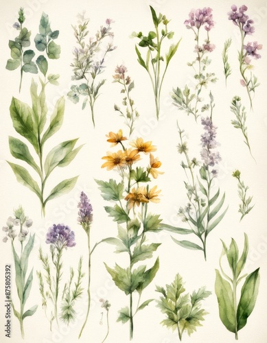 plants rbs watercolor vignetting painted botanical medical sketch field hand meadow flowers illustration texture textile bloom template collection medicinal painting set drawn wallpaper