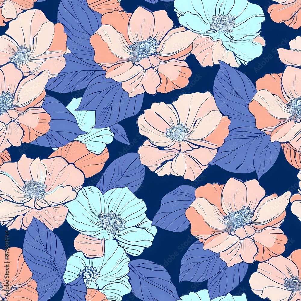 Bold Geometric Floral Print in Shades of Pink and Blue Bold Geometric Floral Print in Shades of Pink and Blue