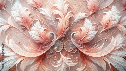 Delicate coral pink-hued, soft pastel abstract art featuring intricate wings and chicken feather textures on a transparent background.