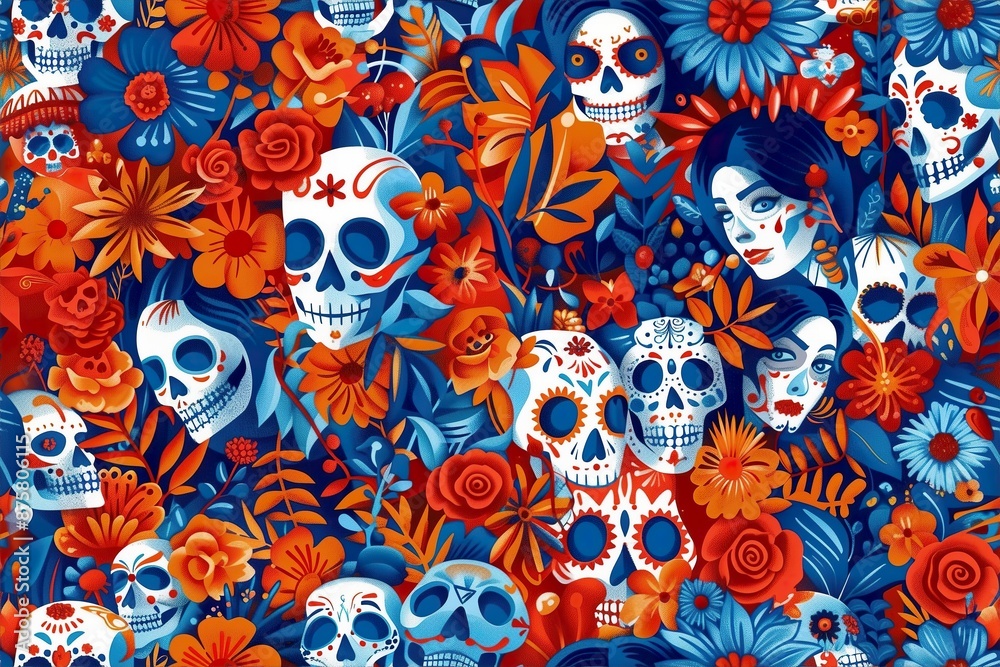 emoji pattern of skulls and Catrinas to celebrate the day of the dead in mexico