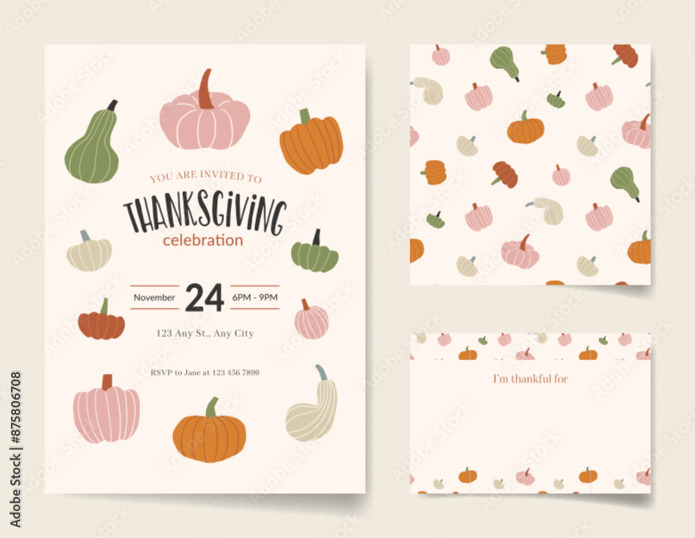 Set of Thanksgiving Day invitation card template, place card, and seamless pattern featuring hand drawn pumpkins and squashes in pastel colors. Modern and minimal design.