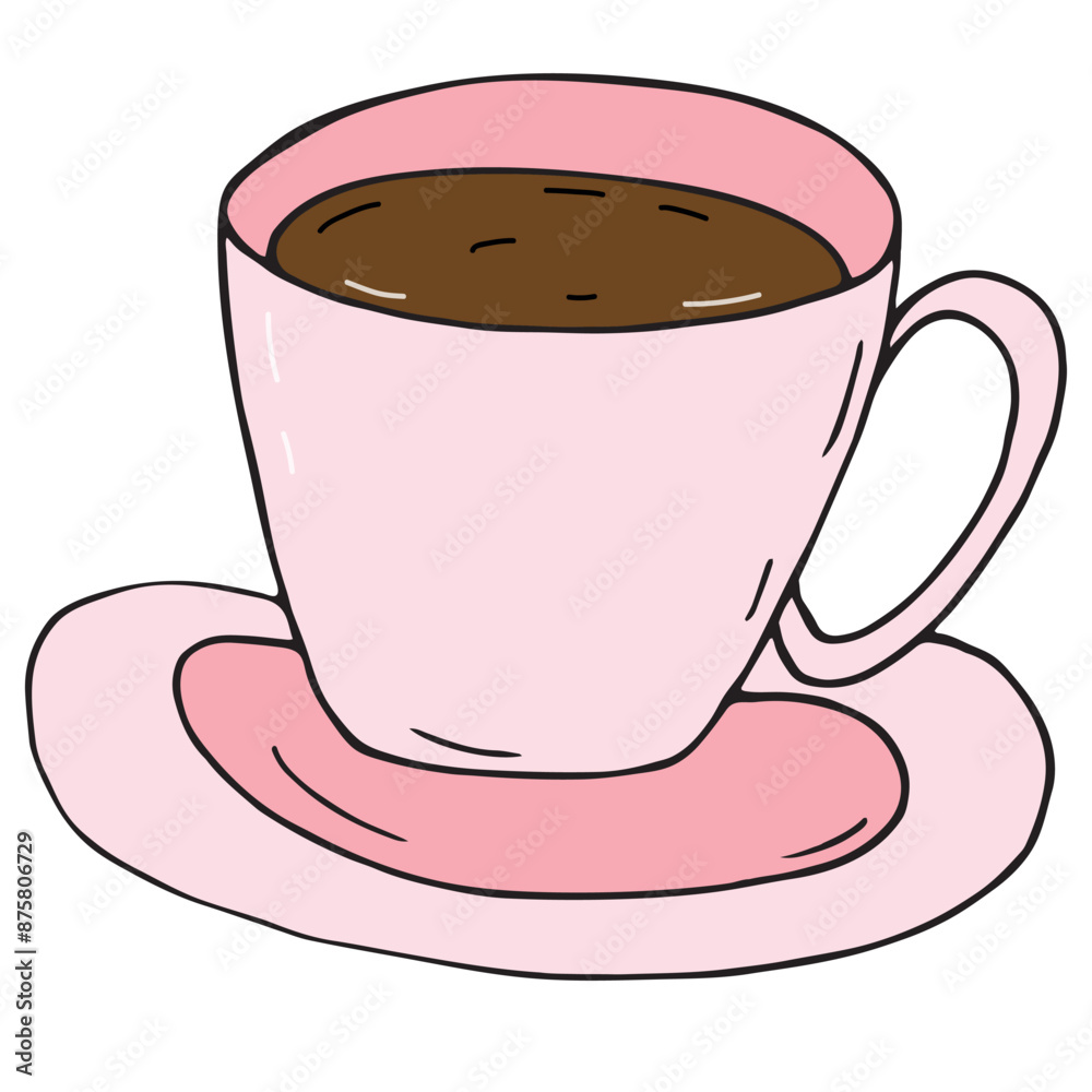 pink mug with saucer with drink, coffee or cocoa, vector colored doodle element, cute design element pink mug with saucer with drink, coffee or cocoa, vector colored doodle element, cute design element
