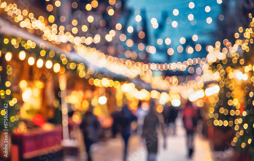 blurred christmas market with defocused lights at the evening, shiny decoration background. Generative AI. photo