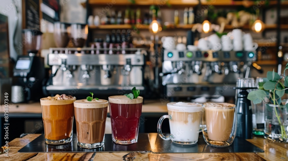 A chic coffee shop serving artisanal lattes and kombucha embodying the trend towards specialty beverages and healthy fermented drinks A chic coffee shop serving artisanal lattes and kombucha embodying the trend towards specialty beverages and healthy fermented drinks