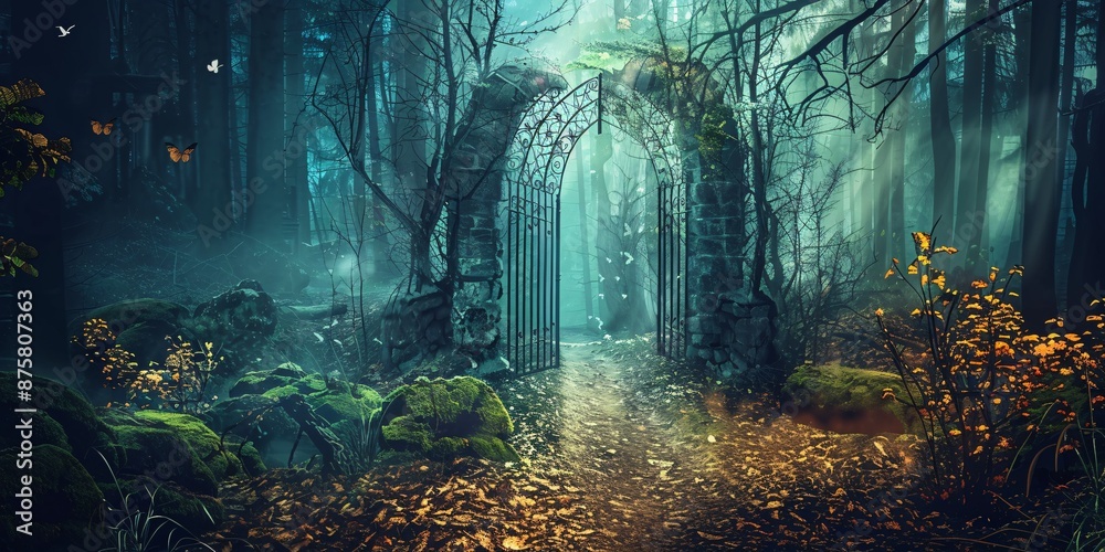 Obraz premium Mystical Forest Gate with Sunbeams