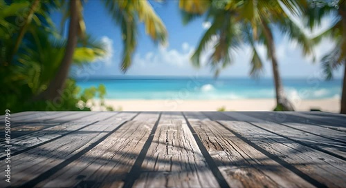 A mock-up of an empty wooden table with a place to copy text, against the background of a summer beach, sea, waves, pool, green palm trees around.