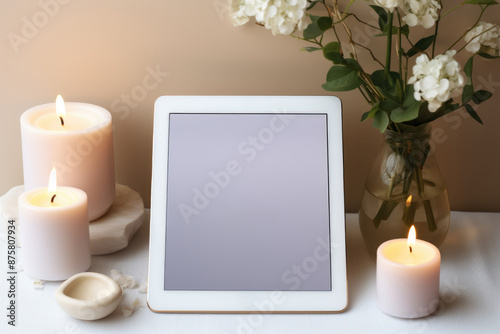 Mock-up scene of a tablet laying on table, top view, flat lay, gadget for app visualization