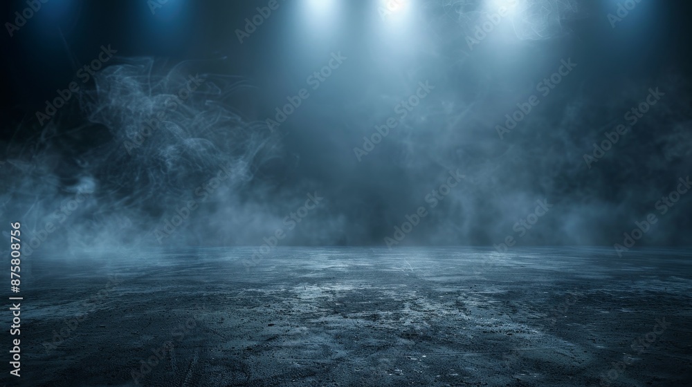 Dark Foggy Scene with Spotlights and Concrete Floor