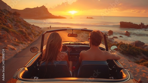 A family enjoying a road trip in an electric car, with the sunroof open, kids enjoying the breeze and parents laughing, driving along a beachside road with waves crashing in the background. photo