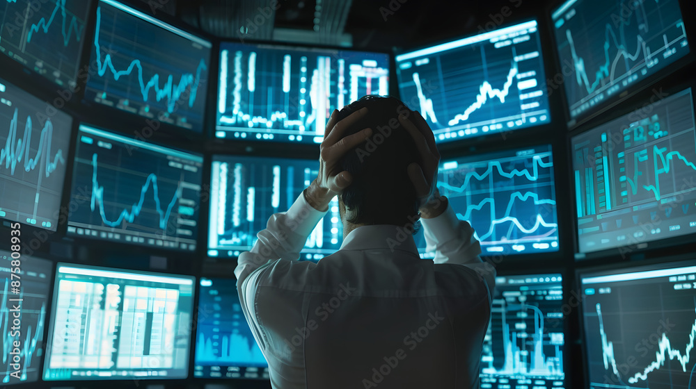 Fototapeta premium Stock trader bear market downturn crash decline volatility, investment finance business economy financial crisis recession collapse, multiple large screens anxious, stress frustration despair panic