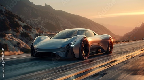 A futuristic electric car driving on a scenic highway, with advanced design elements, at dawn, with the first light of the day casting long shadows and highlighting the car’s contours, photo