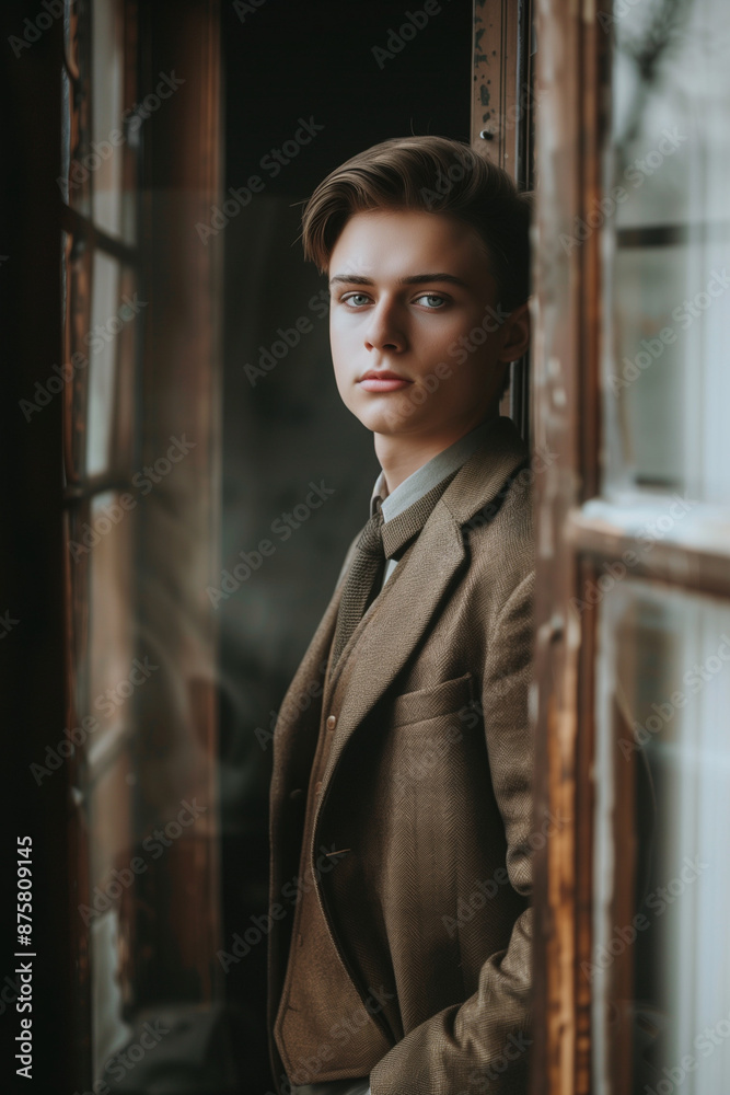 Young man in a brown suit, standing by an old window, with a serious and thoughtful expression, capturing a vintage and classic style Young man in a brown suit, standing by an old window, with a serious and thoughtful expression, capturing a vintage and classic style