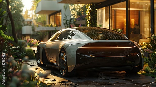 A futuristic electric car with solar panels on the roof, parked in an eco-friendly urban environment with vertical gardens and modern architecture, under bright midday sunlight. Midday light, photo