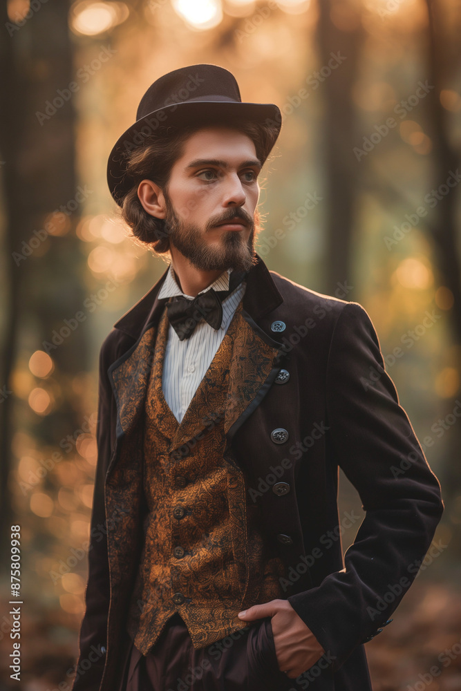Man in Victorian attire with a top hat, standing in a forest, with a serious and dignified expression, capturing an old-world charm