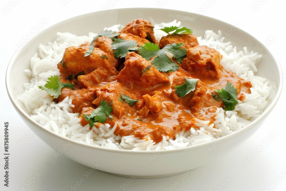 Flavorful Chicken Tikka Masala with Rice in a Bowl on White Background with Clear Lighting Flavorful Chicken Tikka Masala with Rice in a Bowl on White Background with Clear Lighting