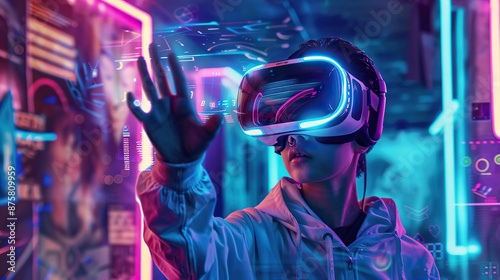 Immersive Virtual Reality Gaming: Futuristic High-Tech Experience with VR Headset and Controllers.