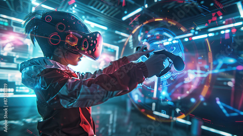 Immersive Virtual Reality Gaming: Futuristic High-Tech Experience with VR Headset and Controllers.