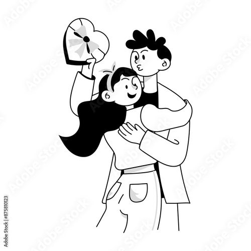 Husband giving gift to wife, doodle mini illustration 

