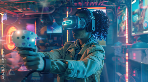 Immersive Virtual Reality Gaming: Futuristic High-Tech Experience with VR Headset and Controllers.