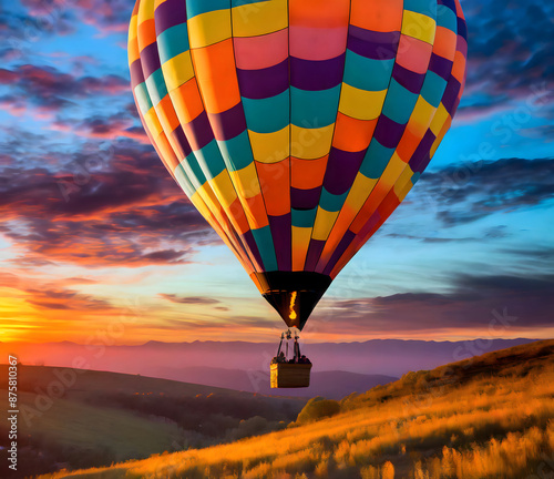 Capture the whimsy of a hot air balloon floating in a vast, colorful sky. Focus on the uniqu. Generative AI. photo