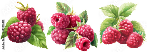 Set of Raspberry Watercolor Clipart Isolated Transparent Background, Transparent png file, Clipart Illustration, Graphic Painting, Art design, Generative AI