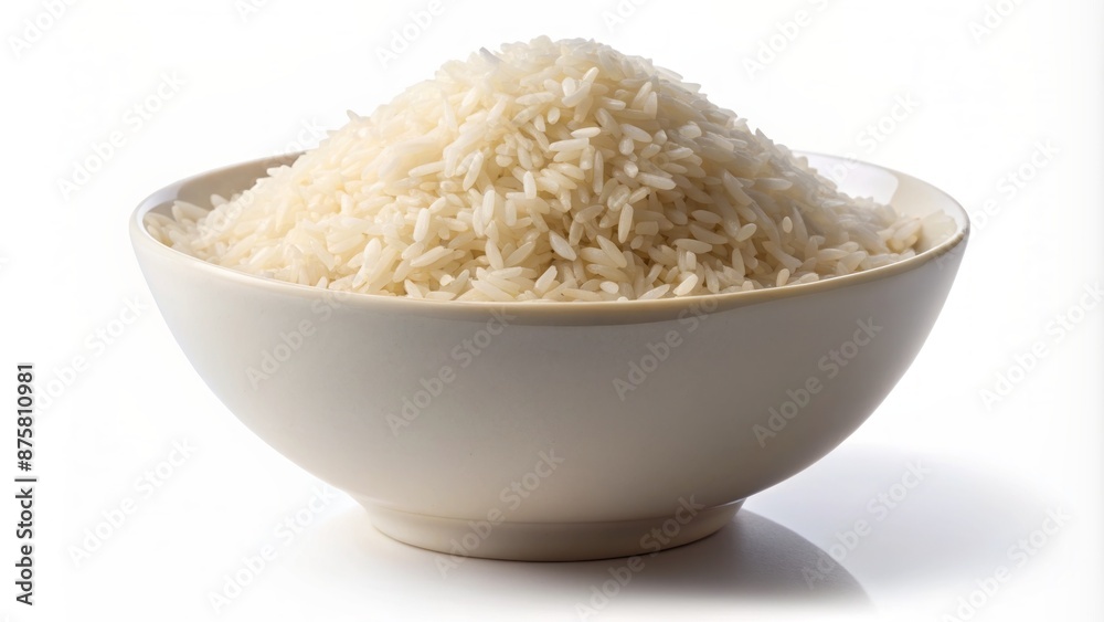 lone white bowl containing mound of uncooked white rice grains isolated on transparent background with subtle shadows underneath. lone white bowl containing mound of uncooked white rice grains isolated on transparent background with subtle shadows underneath.
