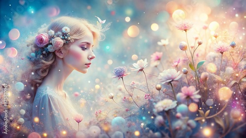 Vibrant, dreamy, pastel-colored background with soft focus, subtle sparkles, and delicate florals, evoking ethereal femininity and youthful elegance.