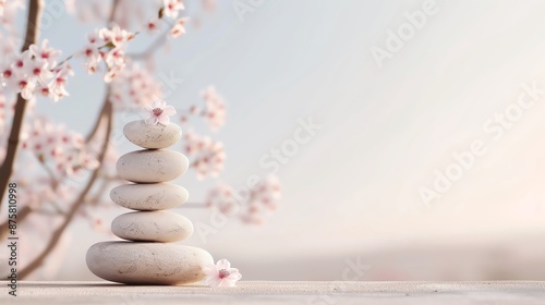 Balanced stack of white stones with delicate pink cherry blossoms on a soft, pastel background, promoting zen and tranquility.