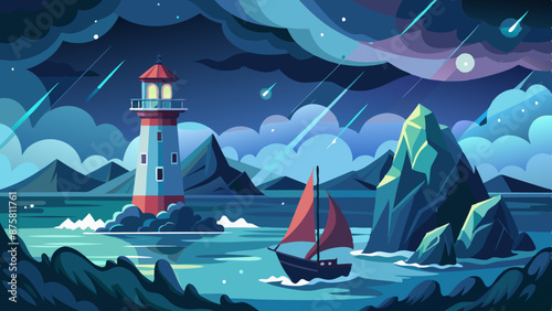 Vector illustration of a lighthouse on a stormy sea at night