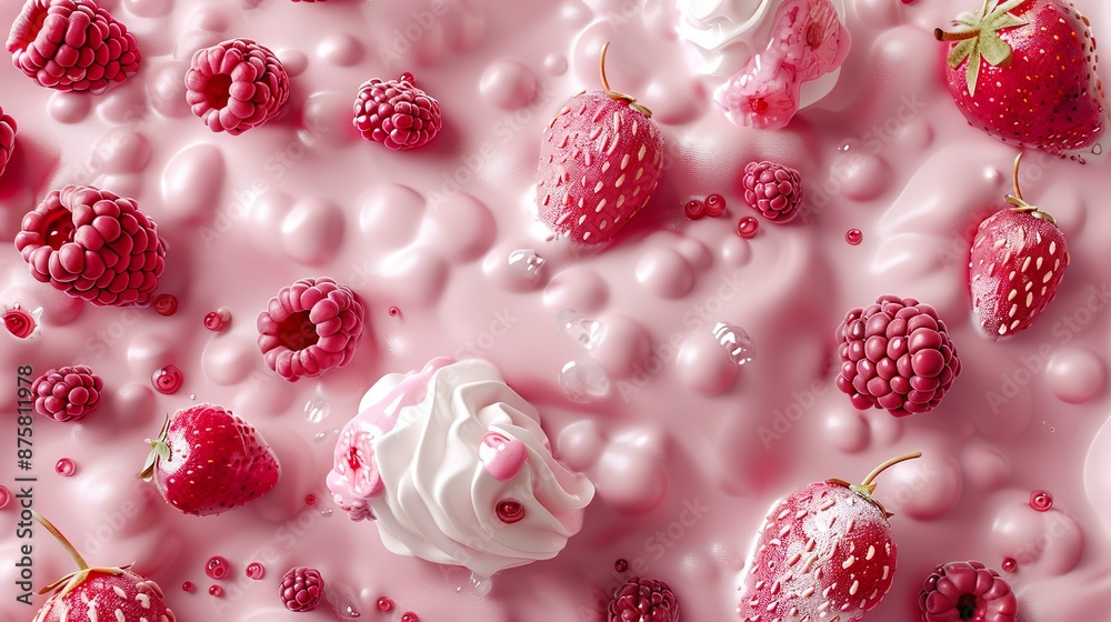 Horizontal background with ice cream and berries. Summer bright poster. Horizontal background with ice cream and berries. Summer bright poster.
