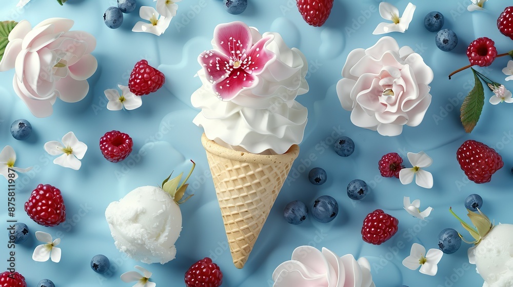 Horizontal background with ice cream and berries. Summer bright poster. Horizontal background with ice cream and berries. Summer bright poster.