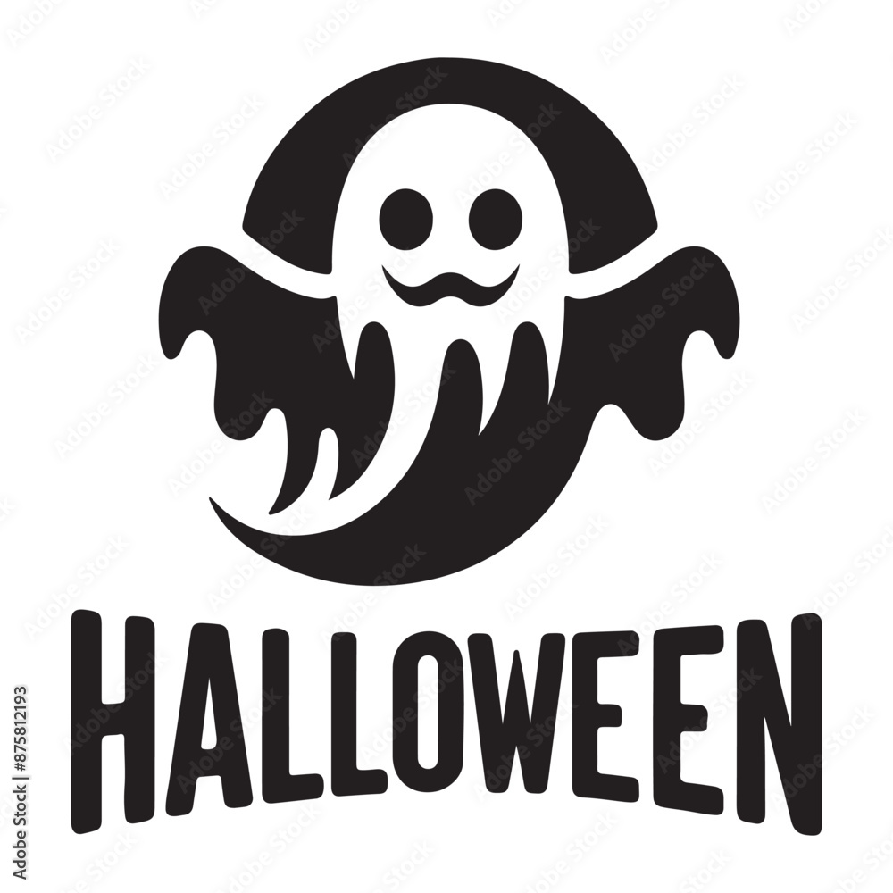 Halloween ghost with bats, tree, and jack-o'-lantern